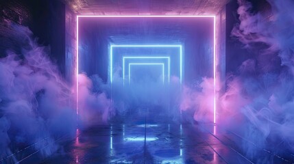 Ideal for showcasing tech gadgets, a sleek dark blue studio boasts neon outlines, smoke trails, and a cool ambiance.