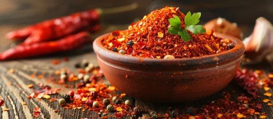 Keuken spatwand met foto Vibrant bowl of red chili powder with a sprinkle of hot chili spice for cooking recipes © TheWaterMeloonProjec