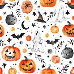 Whimsical Halloween Watercolor Pattern with Pumpkins, Ghosts, and Witches.