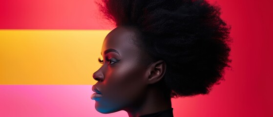 a woman with an afro hairstyle standing in front of a multicolored wall with her head turned to the side.