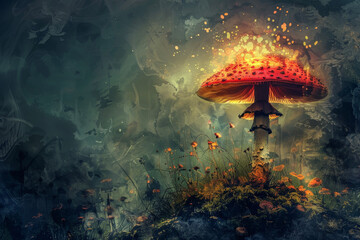 Fototapeta na wymiar A mushroom with a red color and a cap and a professional overlay on the fantasy