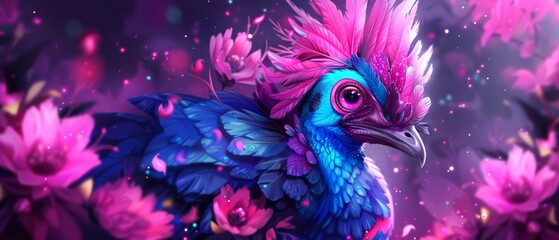 a close up of a colorful bird on a purple background with pink and blue flowers on the left side of the image.