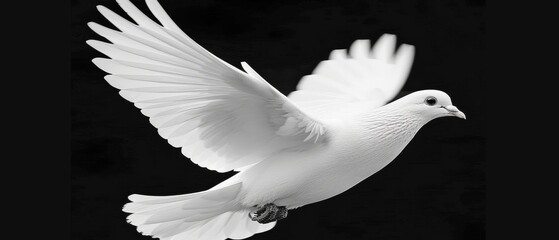 a white bird flying in the air with it's wings wide open and it's head turned to the side.