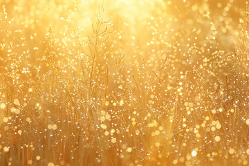 Design a mottled background that captures the essence of a sun-drenched meadow at sunrise, with golden light filtering through dewy grass - obrazy, fototapety, plakaty