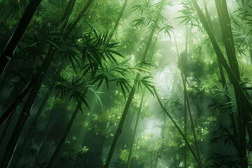 Design a mottled background that captures the delicate interplay of light and shadow in a dense bamboo grove, with varying shades of green and 