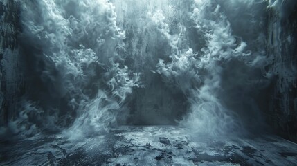 A dramatic product reveal against a dark abstract cement wall backdrop with swirling smoke creates a captivating scene.