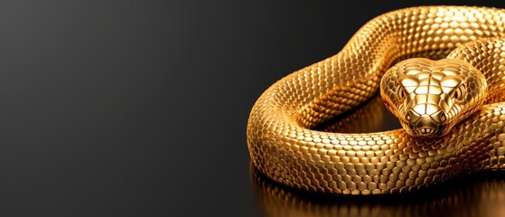 a close up of a gold snake on a black surface with a reflection of it's head on the ground.