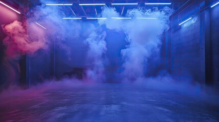 A dark blue studio featuring neon lights, a concrete floor, and floating smoke for striking product showcases.