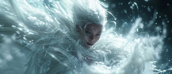 a woman with white hair and white feathers in the water with bubbles of water around her and her hair blowing in the wind.