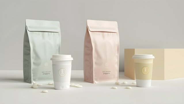 coffee packages and cup mockups in pastel colors for product presentation