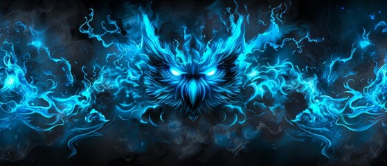 a blue and black background with flames and a demon's head in the center of the background is a black background with blue and white swirls.