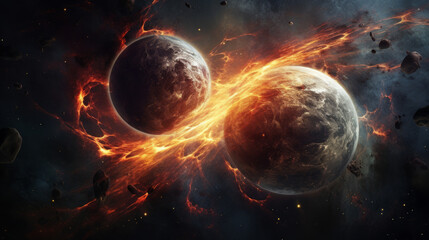 This dramatic image captures the cataclysmic collision of two planets with a dynamic explosion of fiery debris and energy