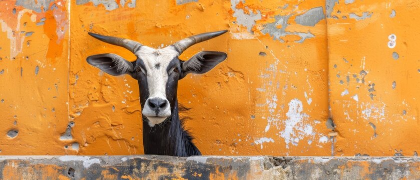 a goat with very long horns standing in front of a yellow wall with paint peeling off it's sides.