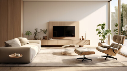 Fototapeta na wymiar A stylish living room with a plush armchair, Smart Home devices, and a wall-mounted TV