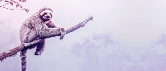 a sloth sitting on a branch of a tree in a foggy, foggy, and foggy sky.