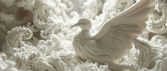 a white bird sitting on top of a bed of white flowers and leaves on a bed of white laces.