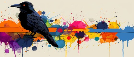 a black bird with orange eyes sitting on a colorful paint splattered wall with paint splatters in the background.