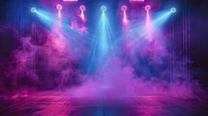 Empty stage with vibrant laser show in blue and purple, smoke adding depth to product setups.
