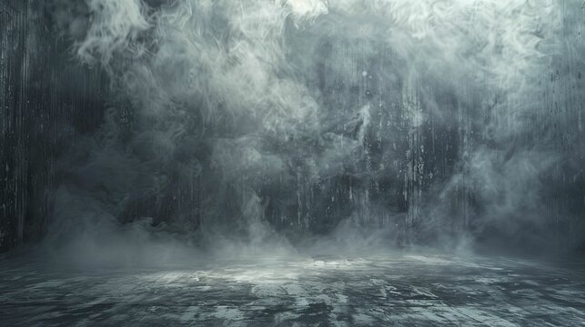 Empty dark cement studio with rising smoke, creating a moody texture for product backgrounds.