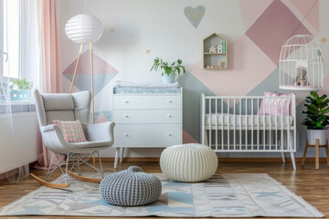 A nursery with a Scandinavian style and a geometric wallpaper
