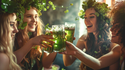 Group of ladies wearing hats dressed in green drinking beers to celebrate st patrick day 