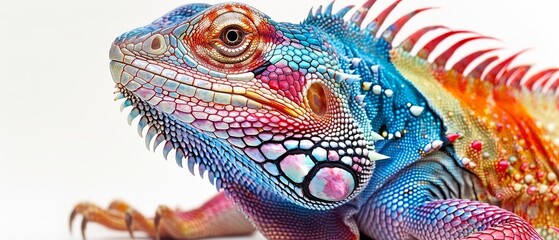 a close up of an iguana on a white background with a red, yellow, and blue color scheme.