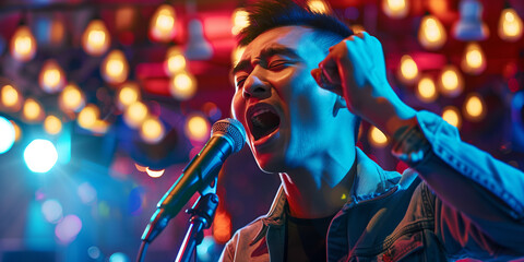 Emotive Karaoke Performance with Colorful Stage Lights - Powered by Adobe