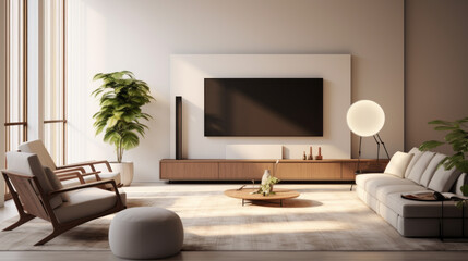 A stylish living room with a plush armchair, Smart Home devices, and a wall-mounted TV