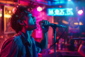 Obraz na płótnie Canvas Passionate Karaoke Enthusiast Singing with Emotion under Vibrant Lights