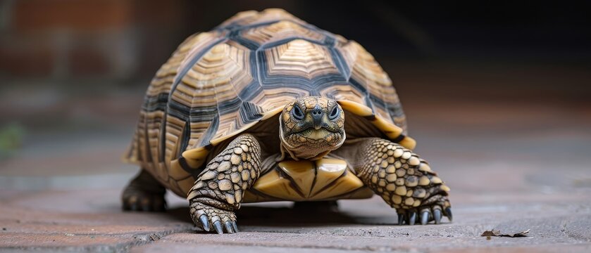 a close up of a tortoise on a brick ground with a blurry back ground in the background.