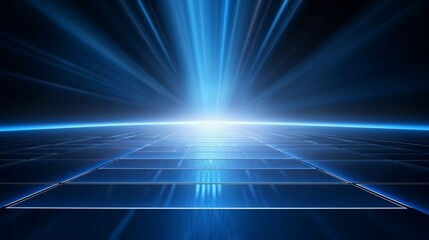 Clean Photography Studio Product Showcase Spotlight Background. Abstract Blue Background with Neon Light Rays and Reflections.