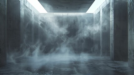Enhanced product presentation in a gloomy concrete room with a smoky ambiance.