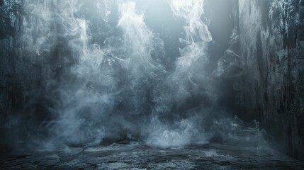 A gloomy studio with dark concrete and smoke sets the stage for showcasing products.