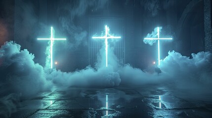 Intense dark blue setting with neon cross lights and rising smoke for impactful reveals - obrazy, fototapety, plakaty