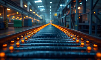 A closeup of train tracks in a factory with lights illuminating them, showcasing the symmetry and technological advancement in the bustling metropolis city - obrazy, fototapety, plakaty