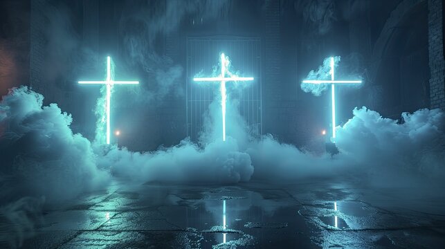Intense dark blue setting with neon cross lights and rising smoke for impactful reveals