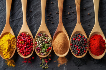 a variety of colorful spices in a wooden spoon. close up. High quality photo