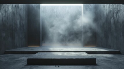 Minimalist dark room, featuring concrete texture and smoke, enhances sleek displays with a modern edge.