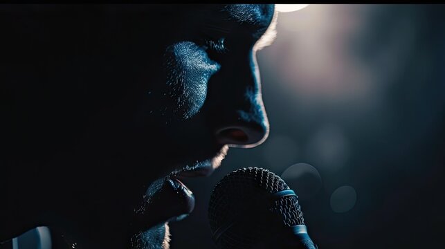Close-up of a man singing passionately to a microphone in the atmospheric darkness. Feel the emotional resonance of live music.