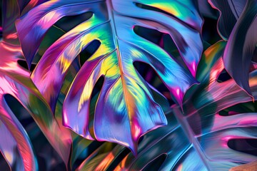 Rainbow Monstera Leaf Texture Exotic Tropical Plant, Modern Rainbow Monstera, Copy Space