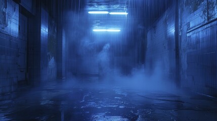 Noir dark blue scene with neon rain effect and smoke, for dramatic product narratives.