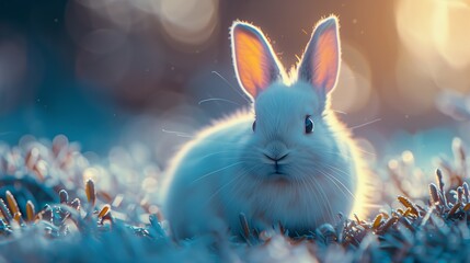 A Rabbit with white fur and long ears gazes at the camera in the grass - obrazy, fototapety, plakaty