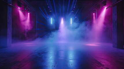 Shadowy stage with blue and purple neon, lasers casting patterns on asphalt for product mystique.