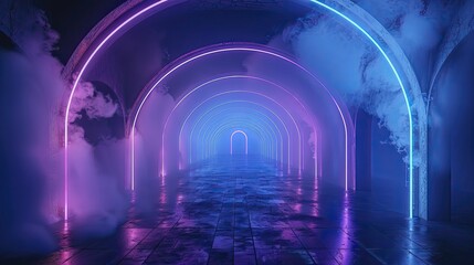 Enhance architectural products with a vivid dark blue space featuring neon arches and smoke for emphasis. - obrazy, fototapety, plakaty