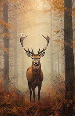 Beautiful illustration of red deer stag in stunning forest landscape setting