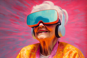 Concept image of an elderly woman enjoying the world of virtual reality using VR goggles. Technology and innovation, the new VR world, hobbies and life after retirement - obrazy, fototapety, plakaty