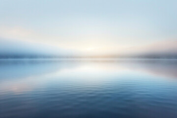 Compose a mottled background that mirrors the calm and reflective surface of a lake at dawn, with soft blues and greys subtly interrupted by the first light of day - obrazy, fototapety, plakaty