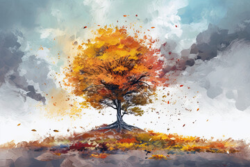 Watercolour illustration of lone tree on hill in Autumn Fall with vibrant colours