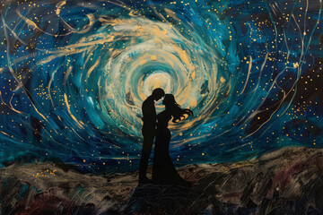 A painting of a starry night with a silhouette of a couple embracing - obrazy, fototapety, plakaty