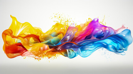 Acrylic colorful blend. Exploding liquid paint in rainbow colors with splashes. Multicoloured Acrylic wave on light background. Neon pink yellow blue fluid splash, creative abstract background.